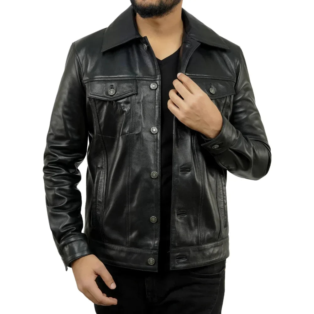 Men’s tall black leather trucker jacket front view