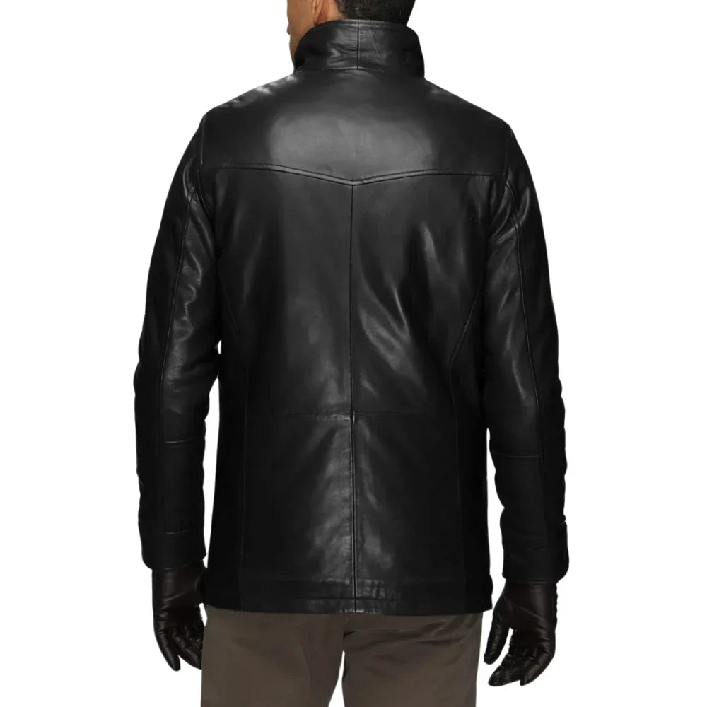 Men’s tall black leather walking coat front view