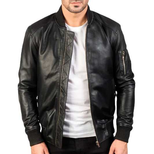 Men’s tall black MA-1 leather bomber jacket front view