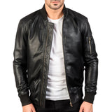 Men’s tall black MA-1 leather bomber jacket front view