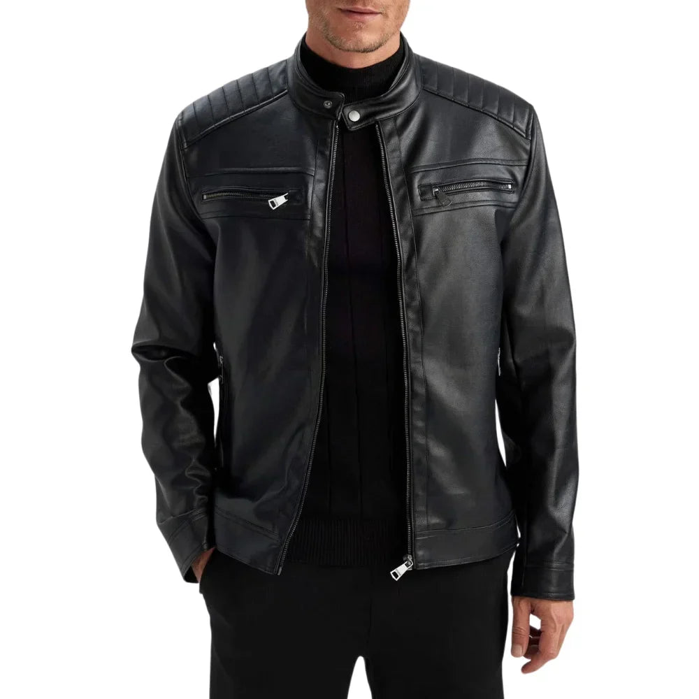Men’s tall black quilted cafe racer leather jacket front view