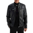 Men’s tall black quilted cafe racer leather jacket front view