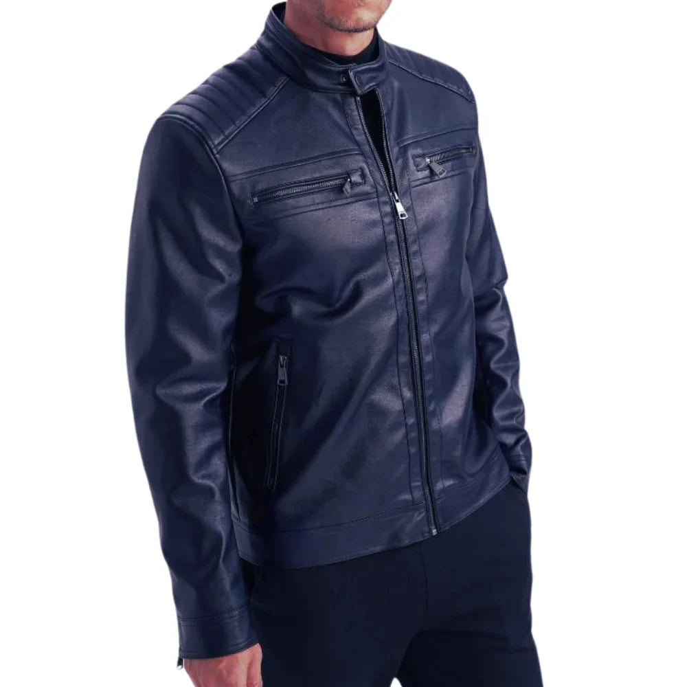Quilted shoulders on men’s tall blue leather jacket