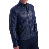 Quilted shoulders on men’s tall blue leather jacket