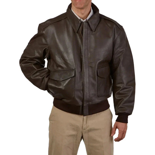 Men’s tall brown A2 leather bomber jacket front view