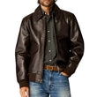 Men’s tall brown Italian leather A2 jacket front view
