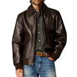 Men’s tall brown Italian leather A2 jacket front view