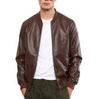 Men’s tall chocolate brown leather bomber jacket front view