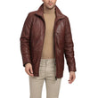 Men’s tall chocolate brown leather car coat front view