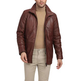 Men’s tall chocolate brown leather car coat front view