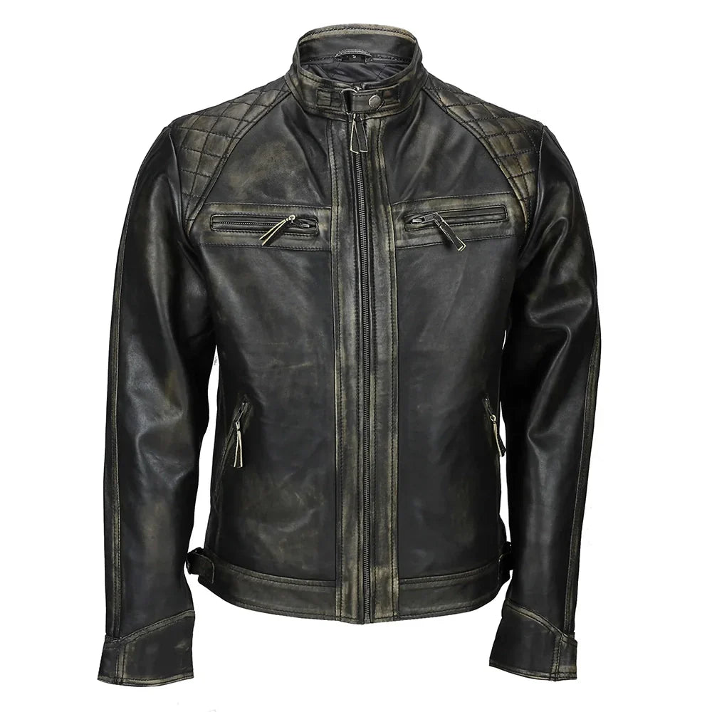 Men’s tall distressed black leather biker jacket with quilted shoulders and zip pockets