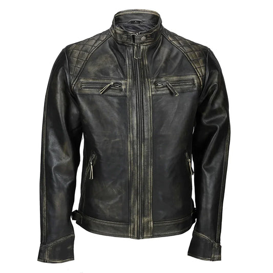 Men’s tall distressed black leather biker jacket with quilted shoulders and zip pockets