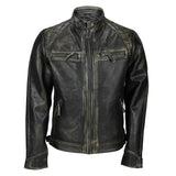 Men’s tall distressed black leather biker jacket with quilted shoulders and zip pockets
