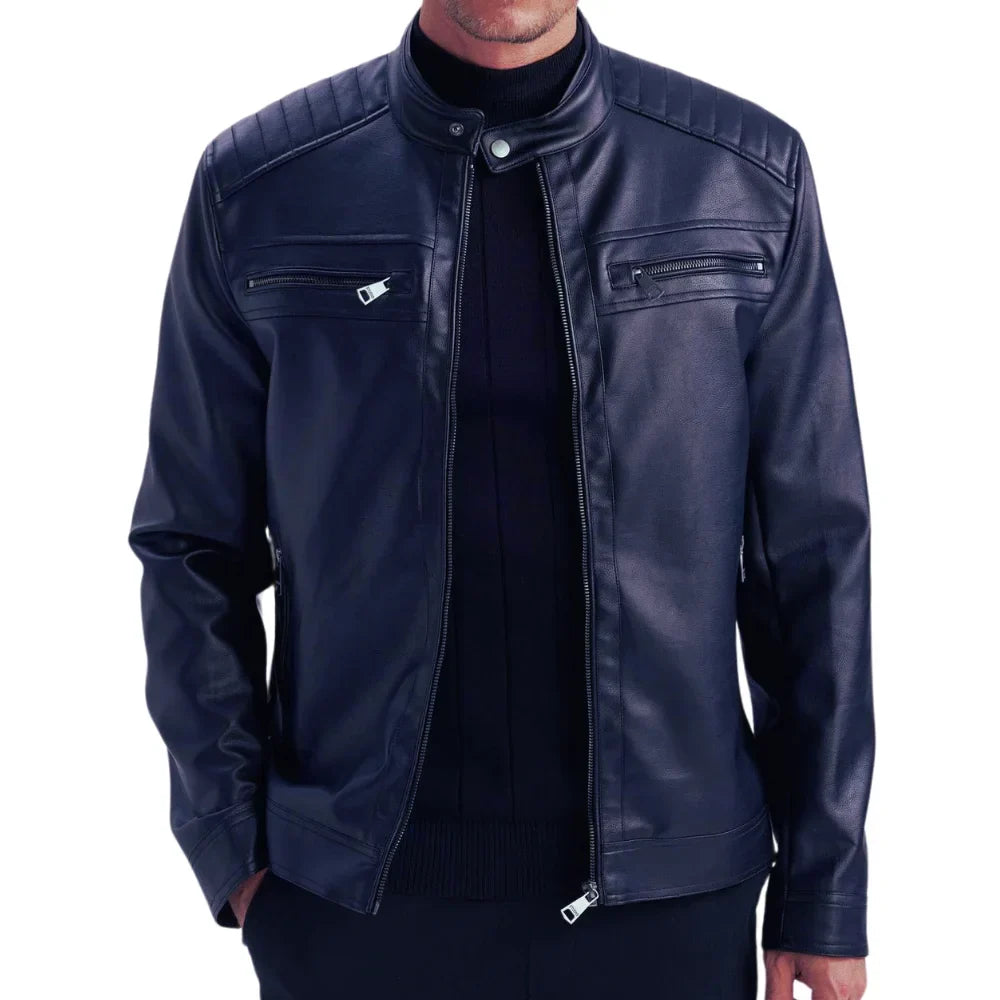 Men’s tall electric blue quilted cafe racer jacket front view