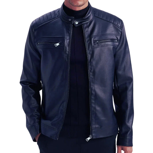 Men’s tall electric blue quilted cafe racer jacket front view