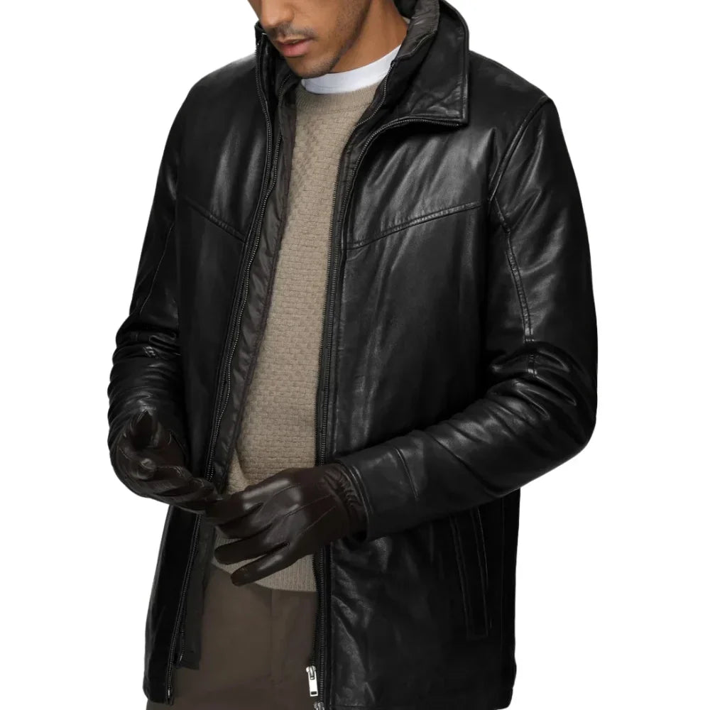 Men’s tall leather walking coat with 32-inch back length