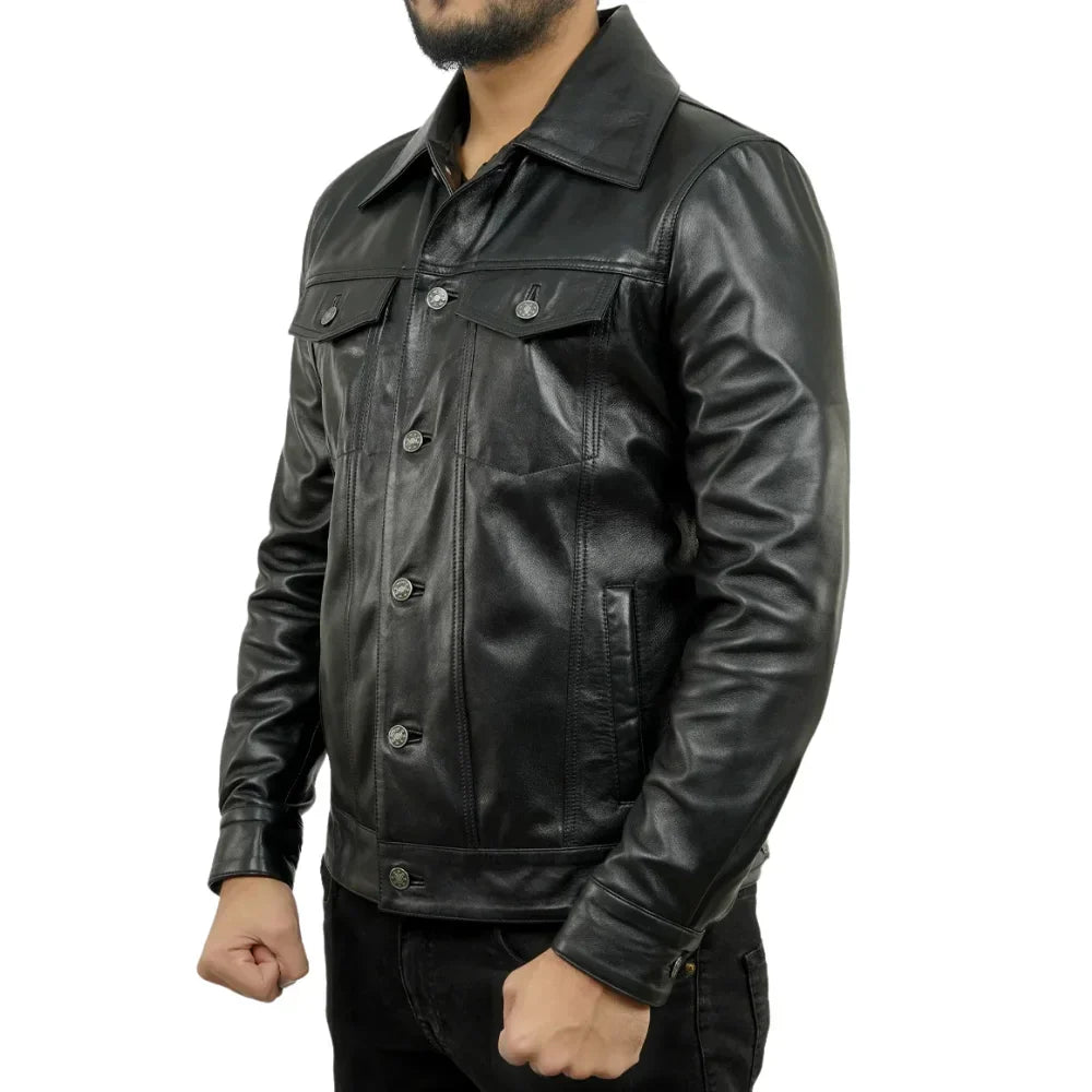 Shirt collar on men’s tall black leather jacket