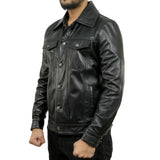 Shirt collar on men’s tall black leather jacket