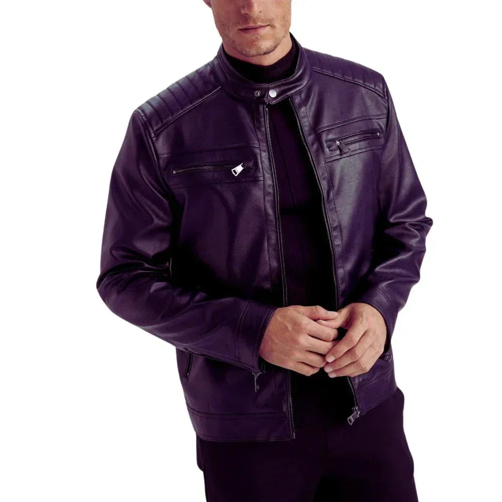 Men’s tall purple leather biker jacket with quilted shoulders, snap collar and zip pockets