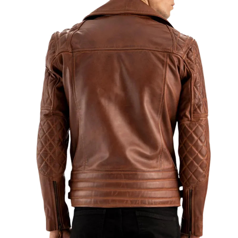Men’s Brown Quilted Biker Leather Jacket with Double Buckle Waist