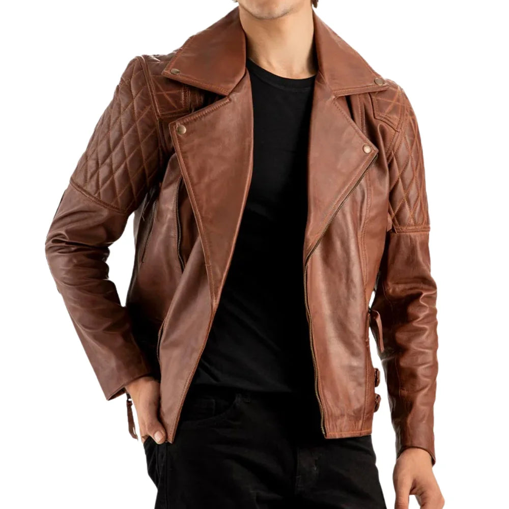 Men’s Brown Quilted Biker Leather Jacket with Double Buckle Waist