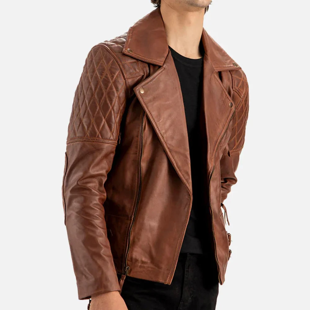 Men’s Brown Quilted Biker Leather Jacket with Double Buckle Waist