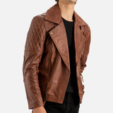 Men’s Brown Quilted Biker Leather Jacket with Double Buckle Waist