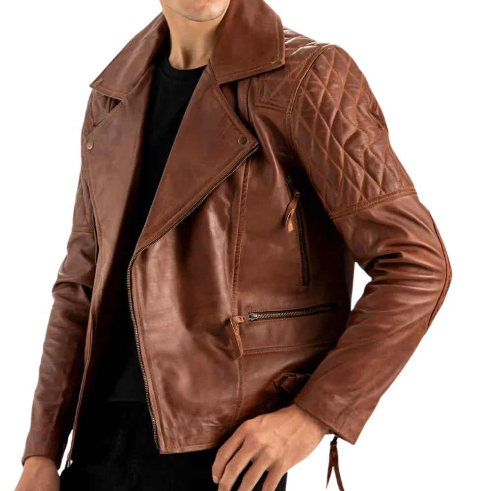 Men’s Brown Quilted Biker Leather Jacket with Double Buckle Waist