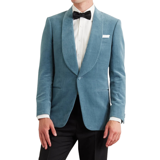 Men’s teal blue velvet dinner jacket with single-button front