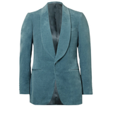 Men’s teal blue velvet tuxedo jacket with shawl lapel, front view