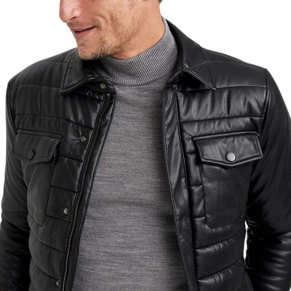 Men's Trucker Quilted Black Vegan Leather Jacket