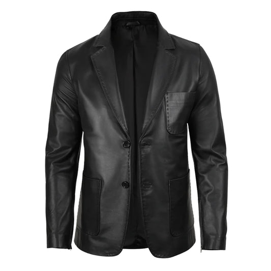 Men's Notch Lapel Two Button Black Leather Blazer Jacket