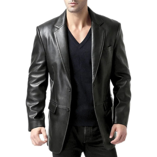 Men's Notch Lapel Two Button Black Leather Blazer Jacket