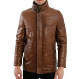 Men’s Cognac Brown Leather Jacket with Stand Collar