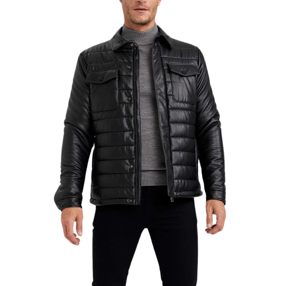 Men's Trucker Quilted Black Vegan Leather Jacket