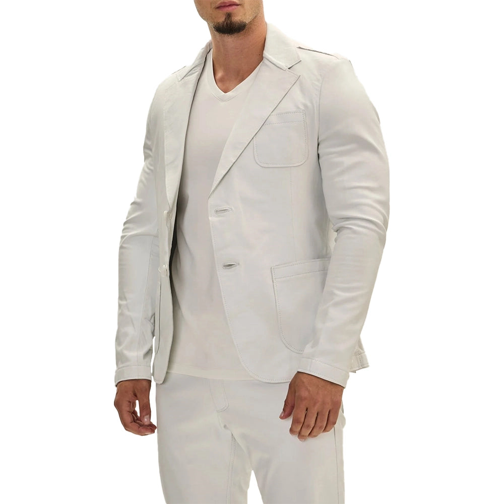 Classis Two Button Lambskin White Leather Blazer Mens