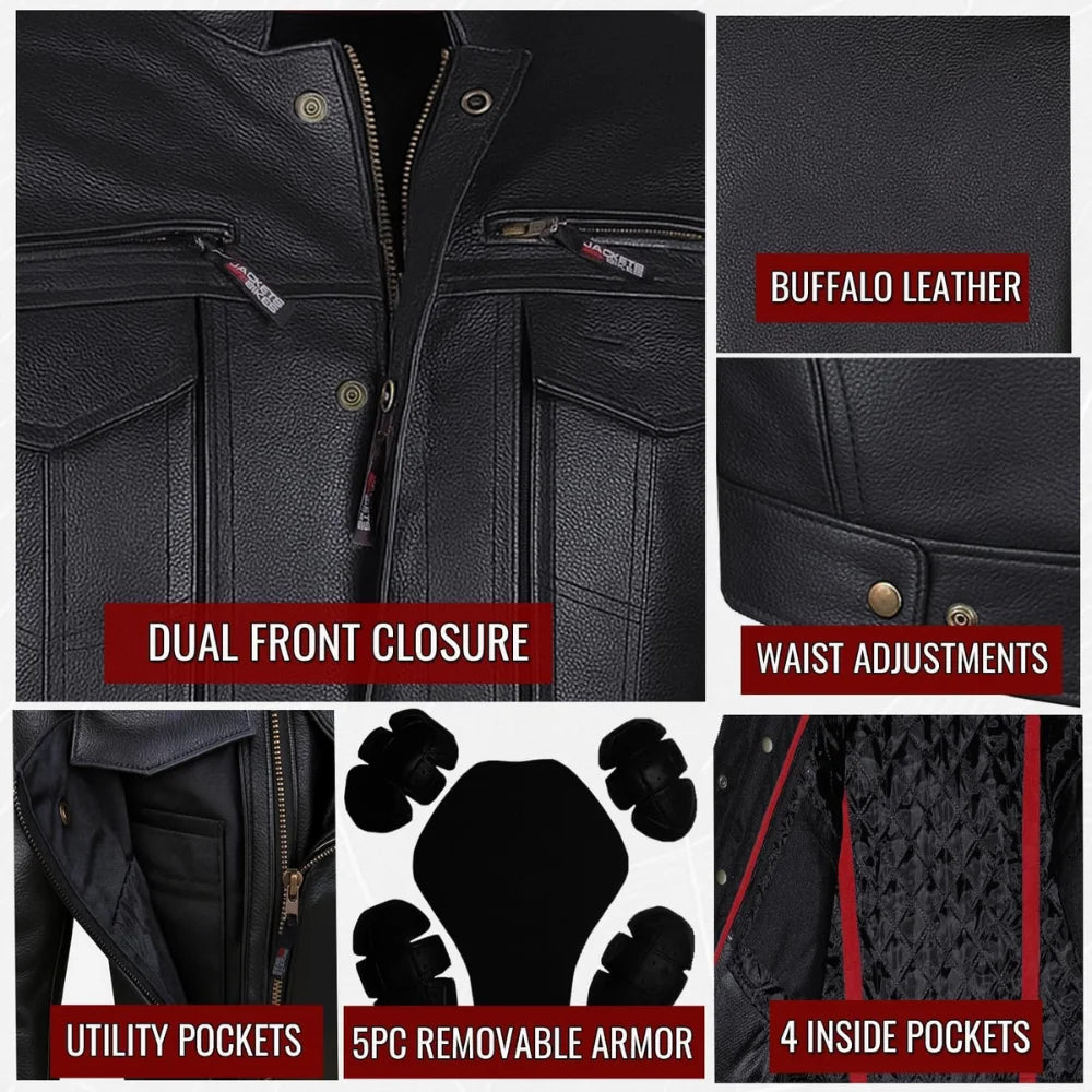 Men's Buffalo Leather Black Motorcycle Jacket with Removable CE Armor