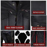 Men's Buffalo Leather Black Motorcycle Jacket with Removable CE Armor