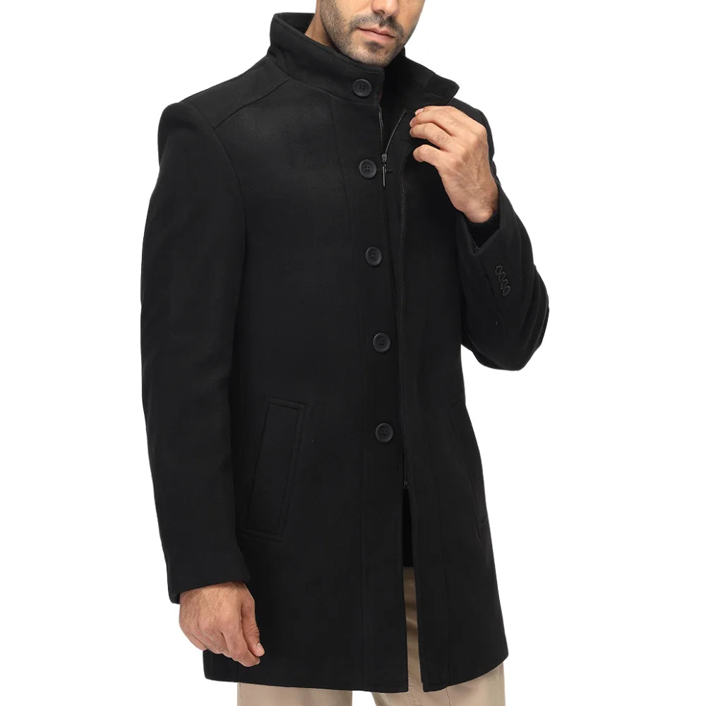 Men’s Black Stand Collar Wool Blend Winter Coat