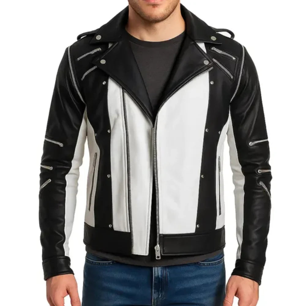 Jackson Men’s White and Black Leather Jacket with Removable Sleeves