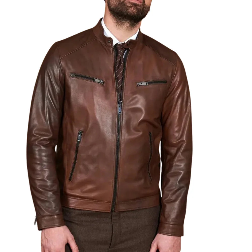 Men’s Real Lambskin Chocolate Brown Biker Leather Jacket