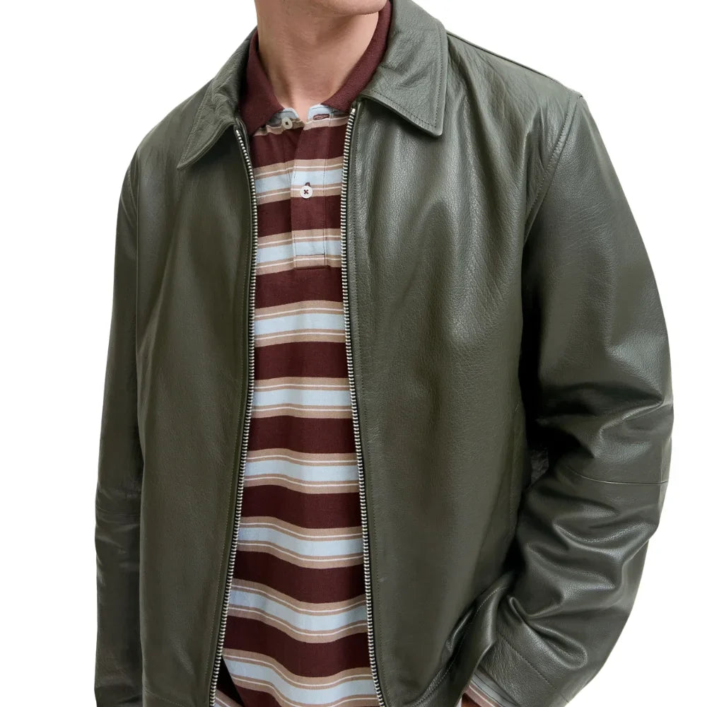 Men's Shirt Collar Olive Green Leather Jacket
