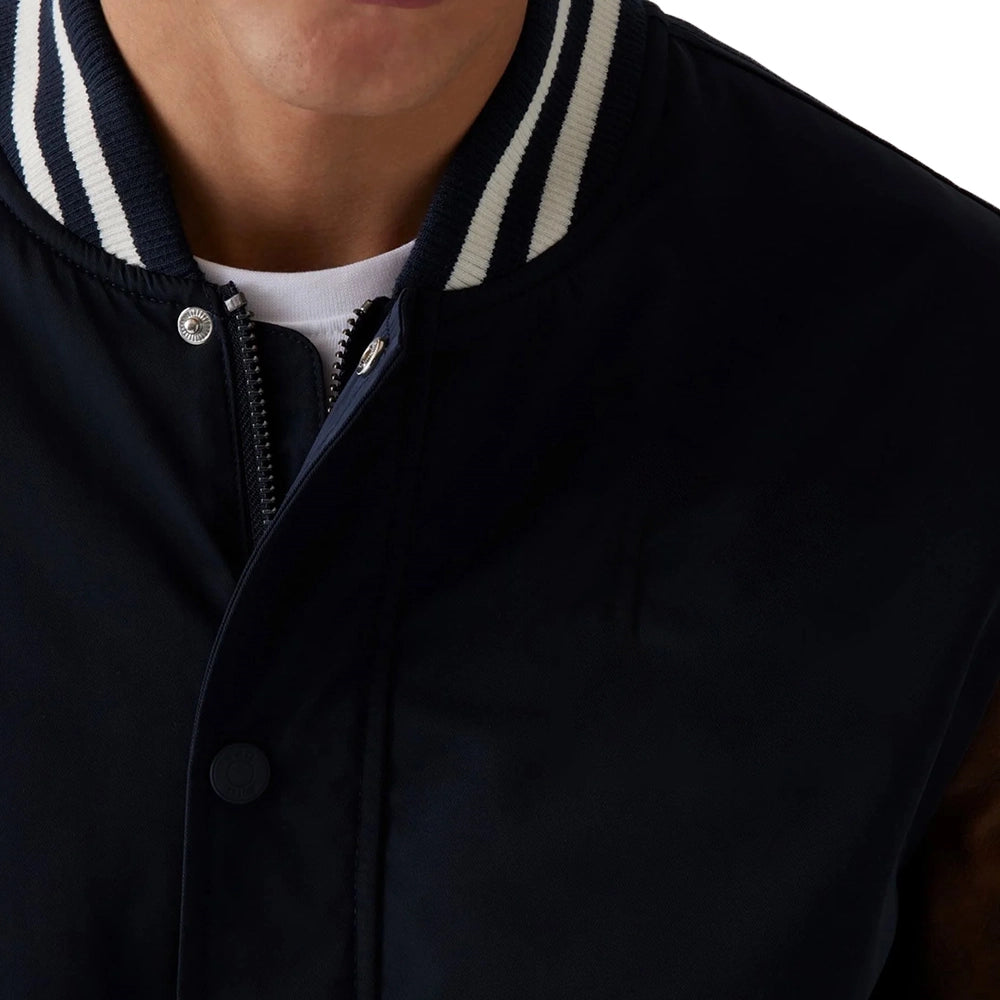 Mens Wool Navy Blue Varsity Jacket with Leather Sleeves