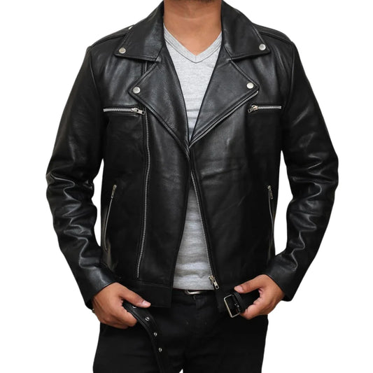 Negan Men's Black Belted Asymmetrical Moto Leather Jacket