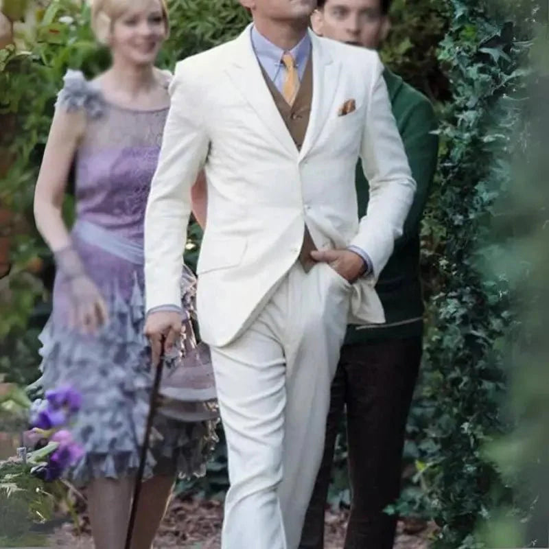 Ivory white 3 piece suit for men with mocha brown vest