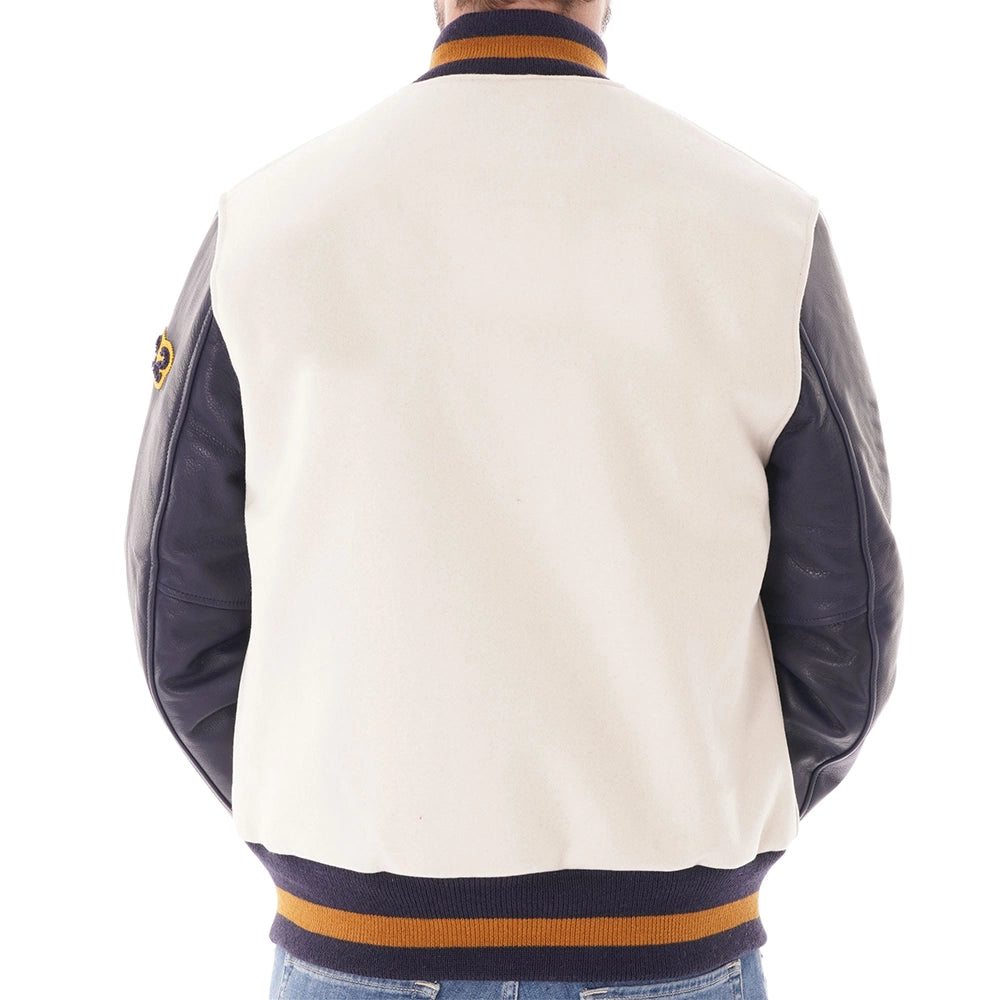 Wool Off White Varsity Jacket With Purple Leather Sleeves