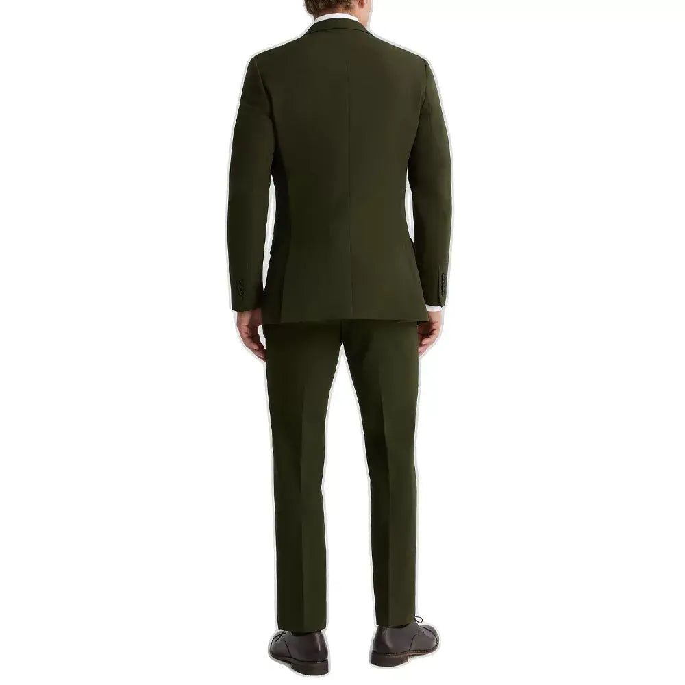 Olive green three-piece men's suit including a matching waistcoat, formal blazer, and tailored pants