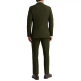 Olive green three-piece men's suit including a matching waistcoat, formal blazer, and tailored pants