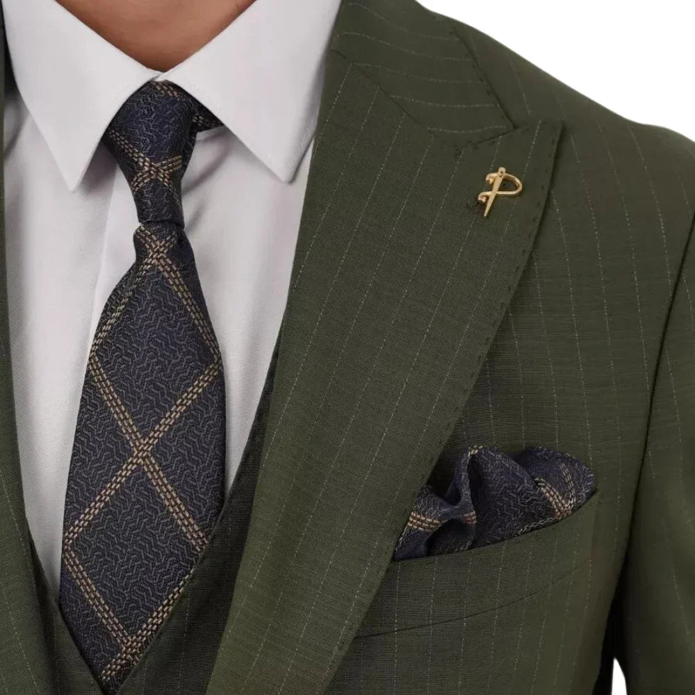 Close-up of olive green striped suit with peak lapel and chest pocket