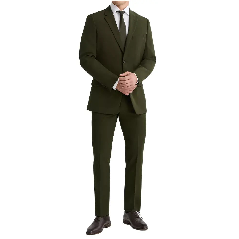Notch lapel detail on men’s olive green suit